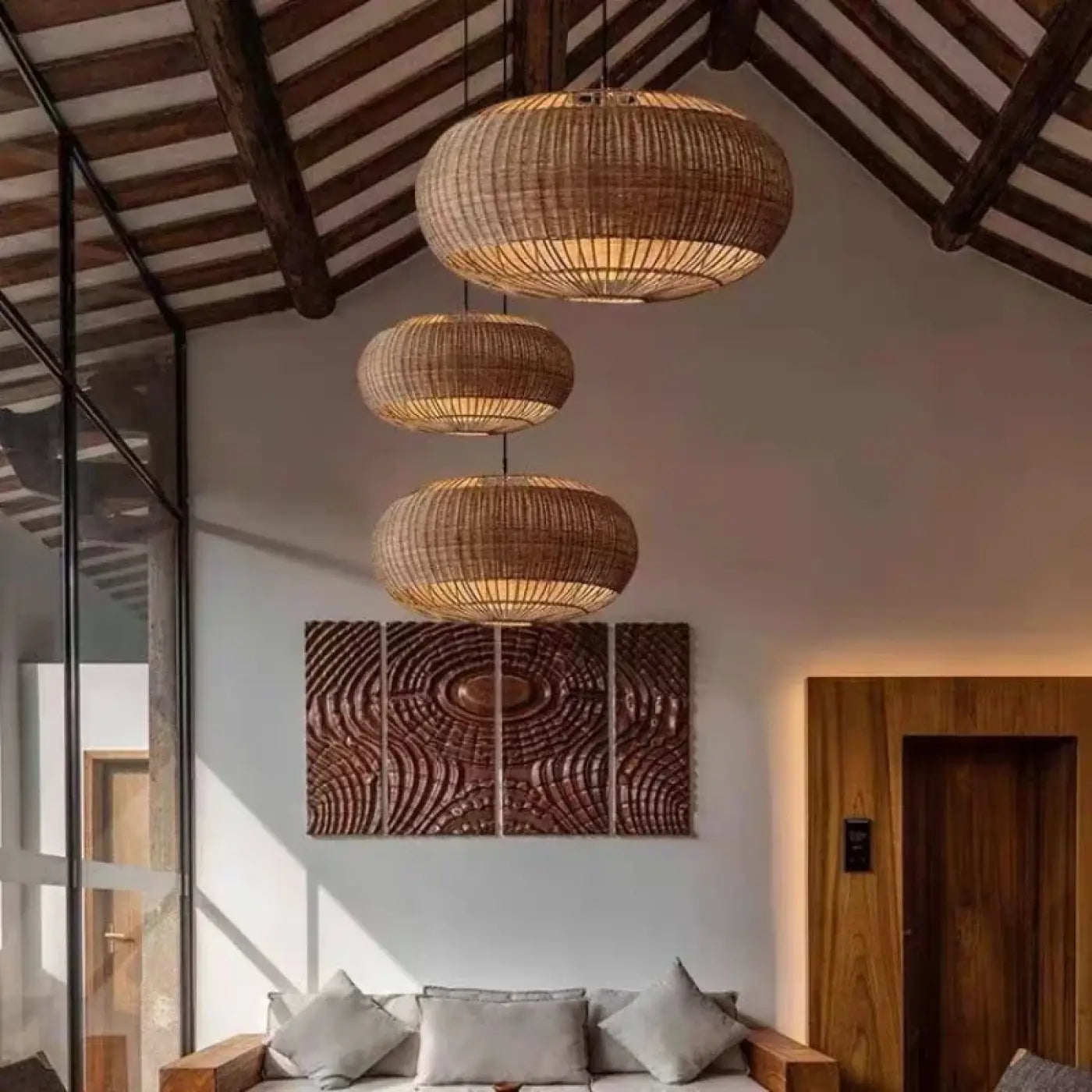 Suspension luminaire salon et salle a manger rotin vintage
