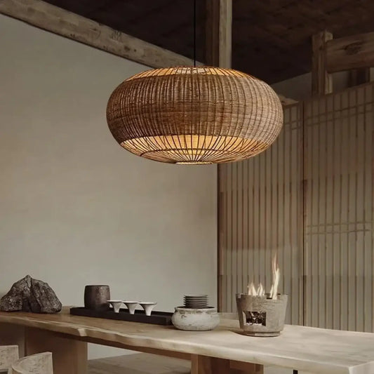 Suspension luminaire salon salle a manger rond en rotin