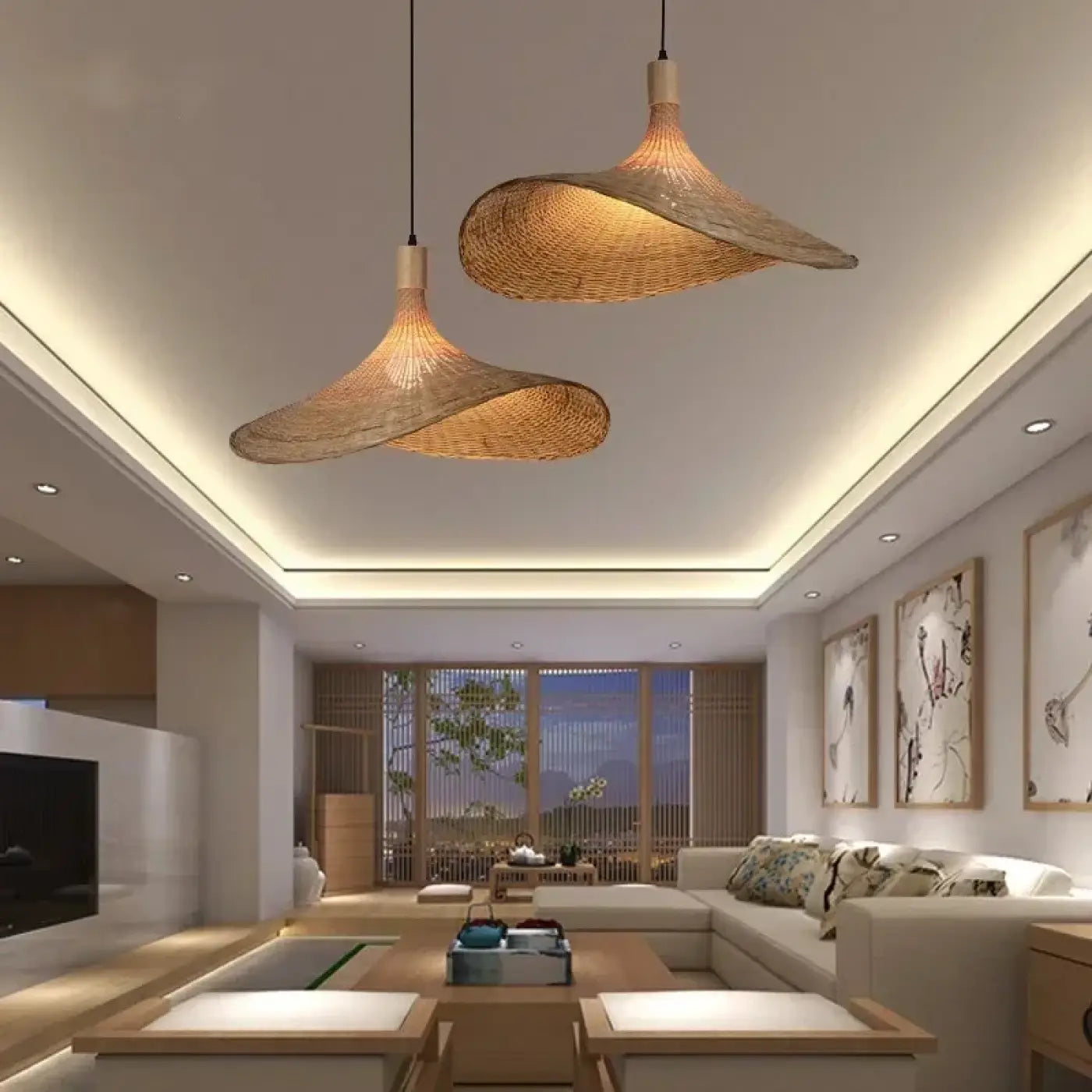 Suspension luminaire salon salle a manger rotin bois