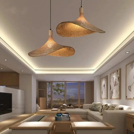 Suspension luminaire salon salle a manger rotin ondule